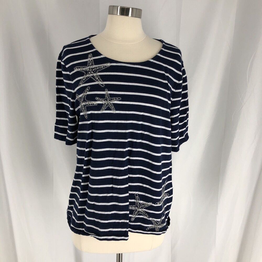 Chicos 2 top Blue striped womens starfish stretch button up blouse classic